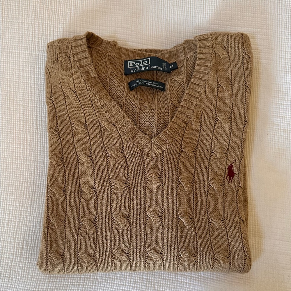 Unisex Polo cableknit sweater; medium. Gently worn;great condition. Camel color.
